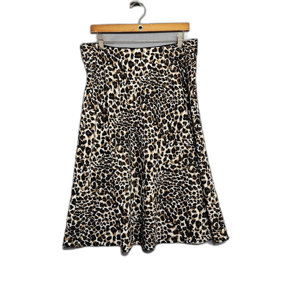 Express X Rocky Barnes Satin Leopard Midi Skirt Women's Large A-Line Brown